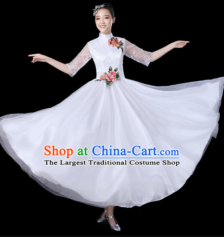 Traditional Chinese Opening Dance Costumes Stage Show Modern Dance Garment Folk Dance White Dress for Women