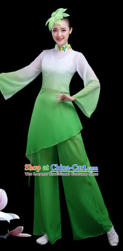 Traditional Chinese Classical Dance Costumes Stage Show Fan Dance Garment Umbrella Dance Green Blouse and Pants for Women