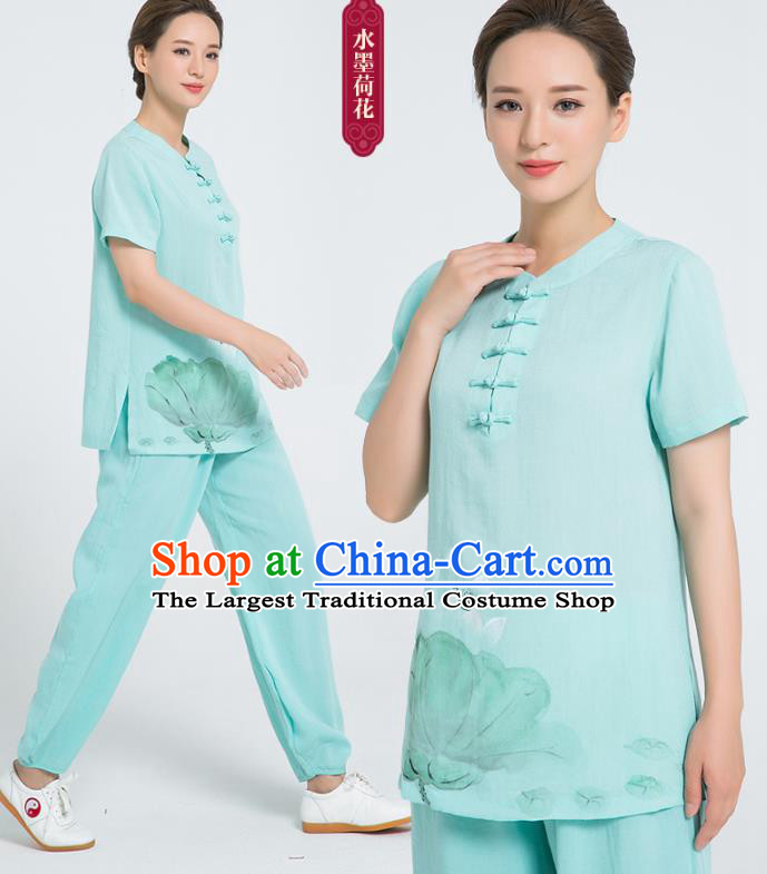 Professional Chinese Tai Chi Hand Painting Lotus Green Flax Blouse and Pants Costumes Kung Fu Training Garment Martial Arts Outfits for Women