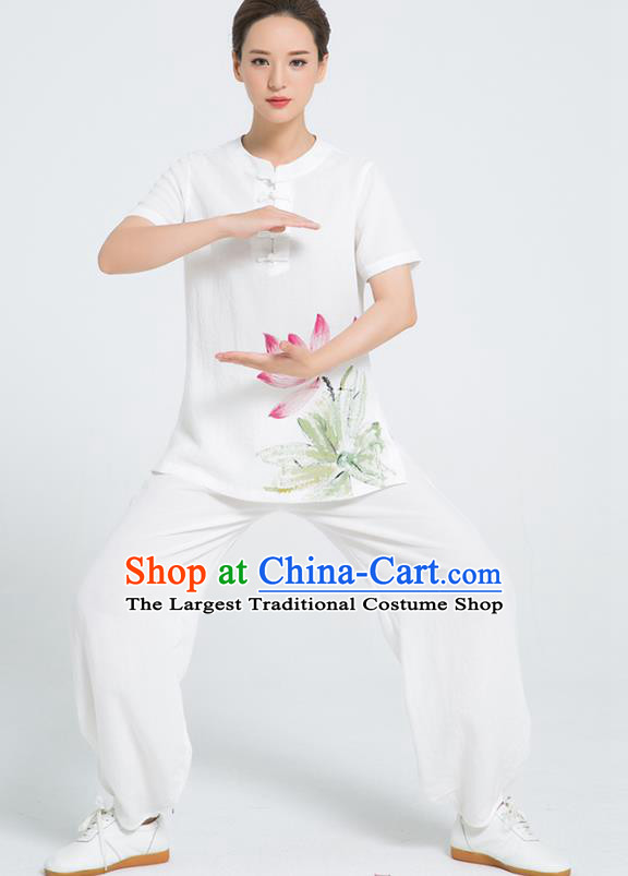 Professional Chinese Tai Chi Hand Painting Lotus White Flax Blouse and Pants Costumes Kung Fu Training Garment Martial Arts Outfits for Women