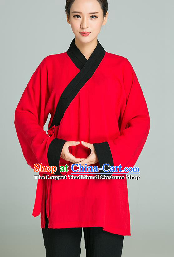 Professional Chinese Tai Chi Training Red Flax Blouse and Black Pants Costumes Kung Fu Garment Martial Arts Outfits for Women