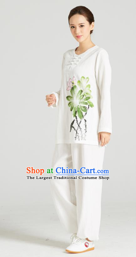 Professional Chinese Hand Painting Lotus Outfits Costumes Kung Fu Garment Traditional Wudang Tai Chi Training White Flax Blouse and Pants for Women