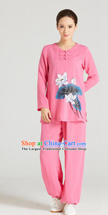 Professional Chinese Hand Painting Lotus Outfits Costumes Kung Fu Garment Traditional Wudang Tai Chi Training Pink Flax Blouse and Pants for Women