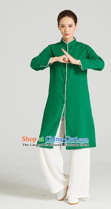 Professional Chinese Kung Fu Garment Wudang Tai Chi Training Outfits Traditional Green Linen Blouse and Pants Costumes for Women