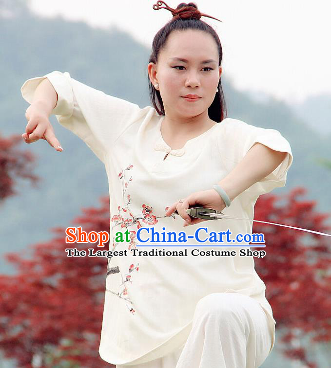 Professional Chinese Traditional Hand Painting Plum Flax Blouse and Pants Costumes Kung Fu Garment Wudang Tai Chi Training Outfits for Women