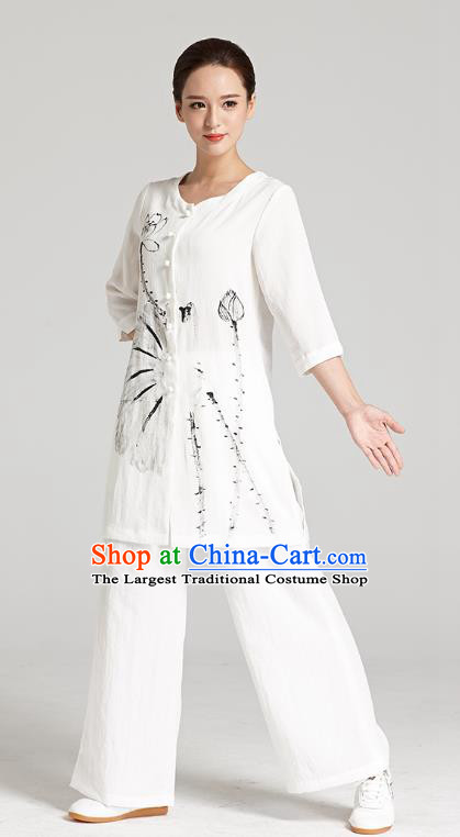 Professional Chinese Traditional Hand Painting Lotus Flax Blouse and Pants Costumes Kung Fu Garment Wudang Tai Chi Training Outfits for Women