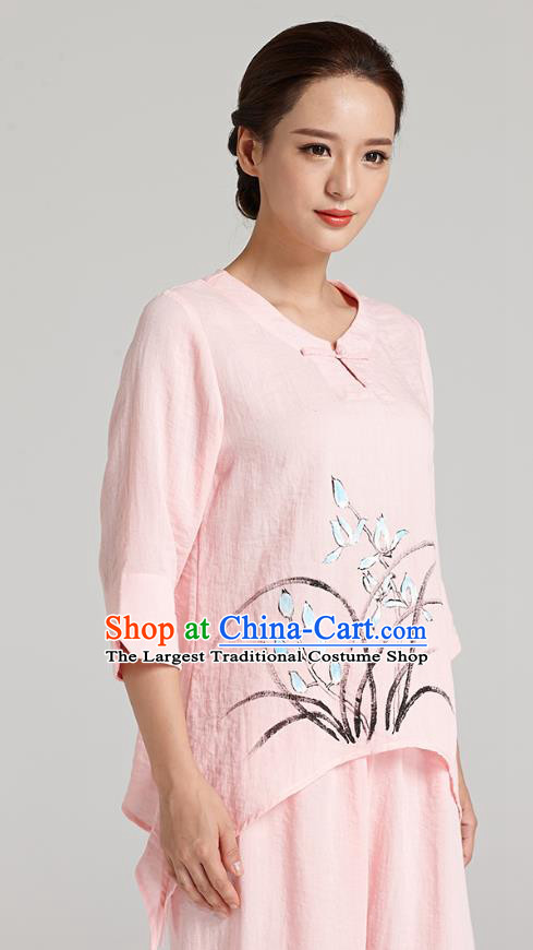 Professional Chinese Traditional Hand Painting Orchid Pink Flax Blouse and Pants Costumes Kung Fu Garment Wudang Tai Chi Training Outfits for Women