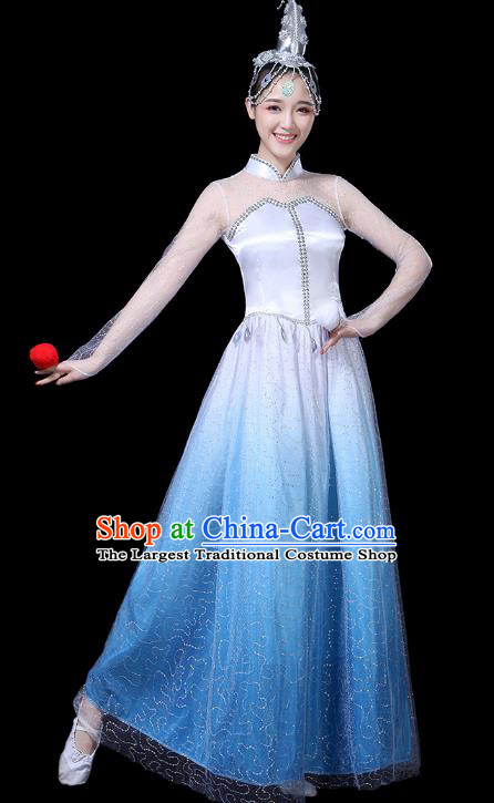 Traditional Chinese Opening Dance Costumes Stage Show Modern Dance Garment Blue Dress for Women