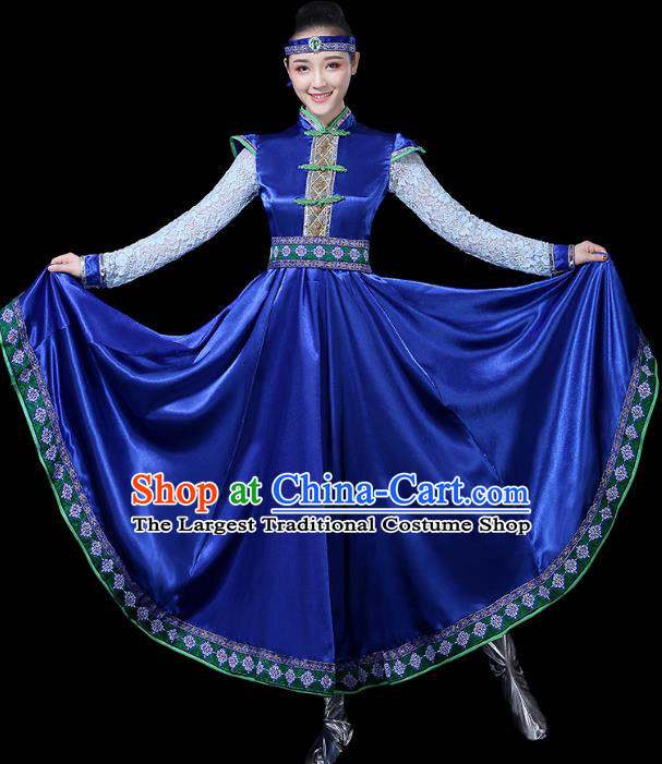 Chinese Traditional Mongolian Ethnic Dance Costumes Folk Dance Apparels Mongol Minority Dance Blue Dress for Women