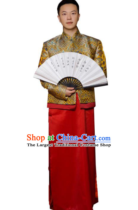 Top Chinese Traditional Wedding Costume Ancient Bridegroom Clothing Tang Suit Golden Mandarin Jacket and Red Gown for Men