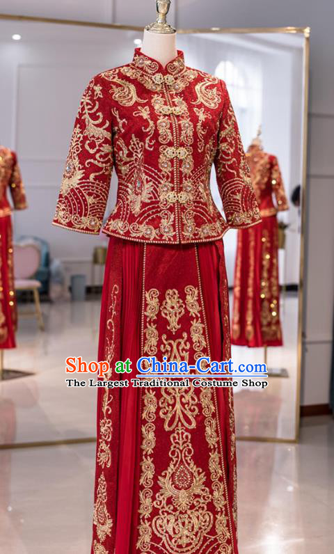 Chinese Traditional Wedding Apparels Embroidered Red Blouse and Dress Costumes Bride Drilling Xiuhe Suits for Women