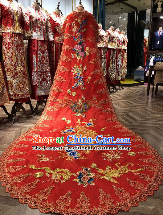 Chinese Traditional Bride Embroidered Red Cape Apparels Costumes Wedding Xiuhe Suits Trailing Four Meter Cloak for Women