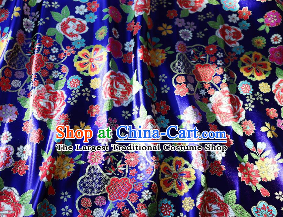 Japanese Traditional Rose Flowers Pattern Design Royalblue Brocade Fabric Nishijin Silk Traditional Asian Yamato Kimono Tapestry Satin Material