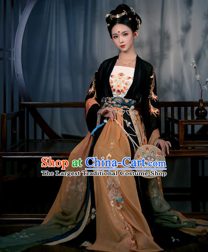 Chinese Ancient Court Maid Costumes Tang Dynasty Palace Lady Hanfu Garment Black Blouse Camisole and Embroidered Skirt Complete Set