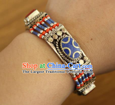 Chinese Traditional Tibetan Nationality Court Silver Bracelet Jewelry Accessories Decoration Zang Ethnic Handmade Royalblue Bangle for Women