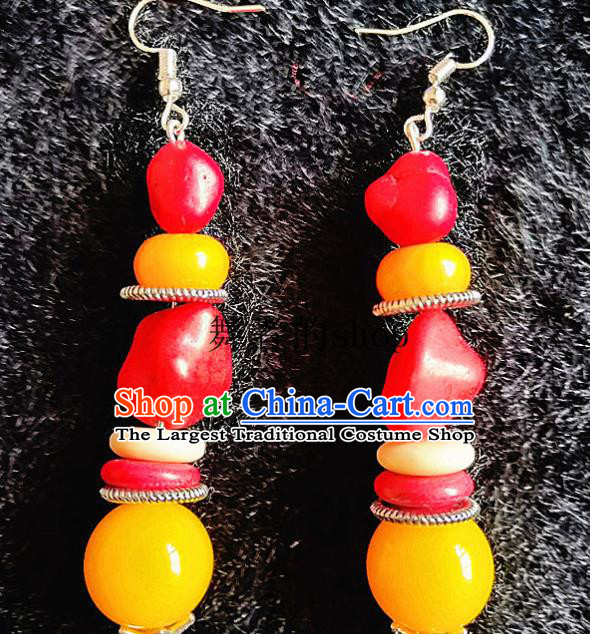 Chinese Traditional Zang Ethnic Earrings Bohemian Ear Accessories Handmade Red Stone Eardrop Decoration for Women