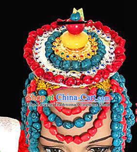 Chinese Traditional Tibetan Nationality Stone Beads Hair Accessories Decoration Handmade Zang Ethnic Bride Wedding Folk Dance Headwear for Women