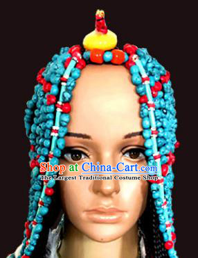 Chinese Traditional Tibetan Nationality Blue Beads Hair Accessories Decoration Handmade Zang Ethnic Folk Dance Tassel Headwear for Women