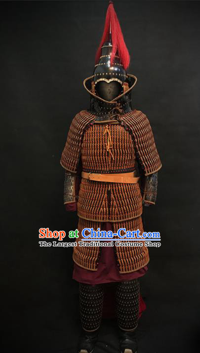 Traditional Chinese Jin Dynasty General Body Armor Ancient Military Officer Cavalry Costumes and Helmet Full Set