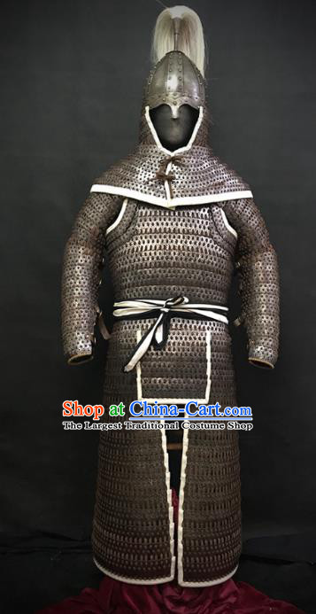 Traditional Chinese Song Dynasty Western Xia Regime General Body Armor Ancient Military Officer Cavalry Costumes and Helmet Full Set