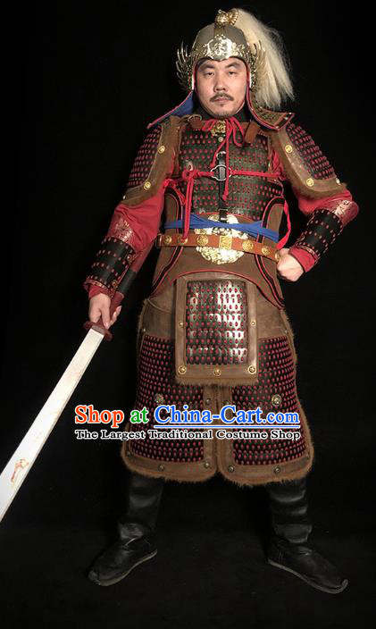 Traditional Chinese Song Dynasty General Body Armor Ancient Cavalry Warrior Costumes and Helmet Full Set