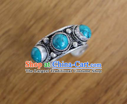 Chinese Traditional Tibetan Nationality Blue Stone Ring Accessories Handmade Decoration Zang Ethnic Folk Dance Silver Finger Circlet for Women