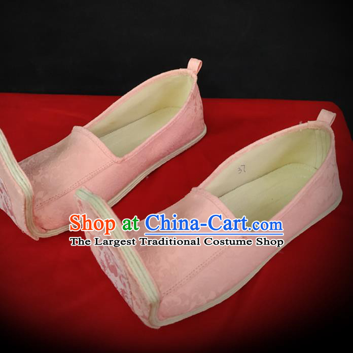 Traditional Chinese Han Dynasty Princess Pink Satin Shoes Ancient Court Woman Brocade Hanfu Shoes Cloth Shoes