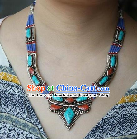 Chinese Traditional Tibetan Nationality Turquoise Necklet Pendant Decoration Zang Ethnic Handmade Kallaite Necklace Jewelry Accessories for Women