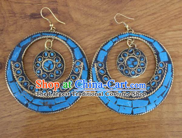 Chinese Traditional Tibetan Nationality Folk Dance Blue Ear Accessories Handmade Eardrop Decoration Zang Ethnic Silver Earrings for Women