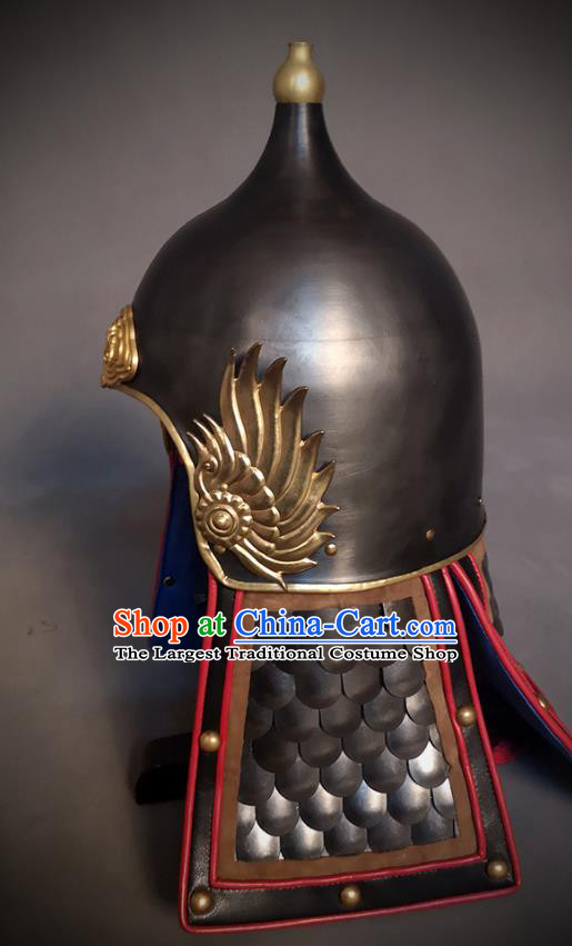 Traditional Chinese Ming Dynasty General Black Armor Hat Headpiece Ancient Soldier Warrior Armet Iron Phoenix Wings Helmet for Men