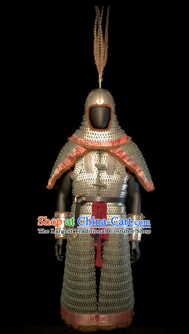 Traditional Chinese Song Dynasty Military Officer Body Armor Outfits Ancient Film Liao State General Iron Costumes and Helmet Full Set