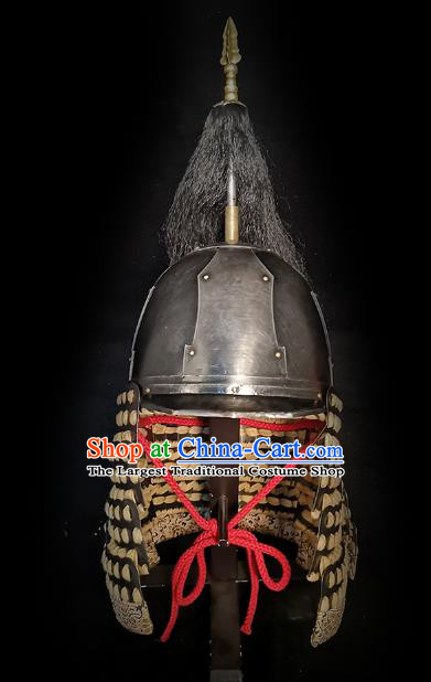 Traditional Chinese Yuan Dynasty General Black Armor Hat Headpiece Ancient Mongolian Soldier Warrior Armet Iron Helmet for Men