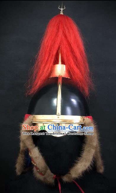 Traditional Chinese Ming Dynasty General Fur Armor Hat Headpiece Ancient Soldier Warrior Armet Iron Helmet for Men