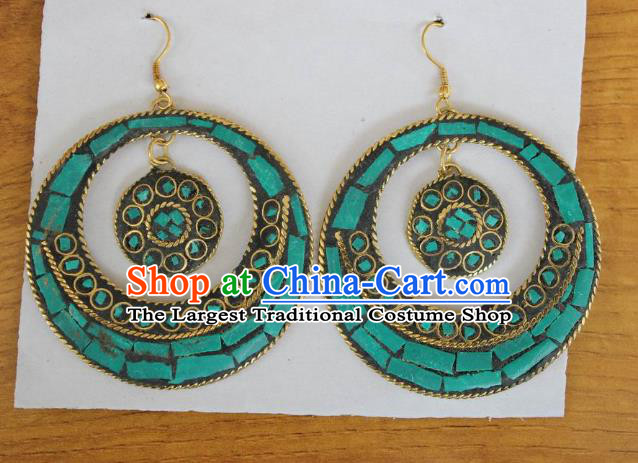 Chinese Traditional Tibetan Nationality Folk Dance Green Ear Accessories Handmade Eardrop Decoration Zang Ethnic Silver Earrings for Women