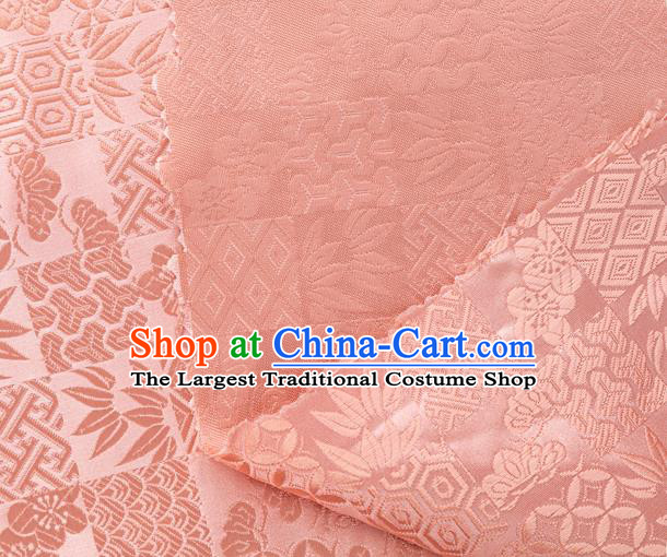 Japanese Traditional Bamboo Leaf Coppor Pattern Design Light Pink Brocade Fabric Silk Material Traditional Asian Japan Kimono Dress Satin Tapestry