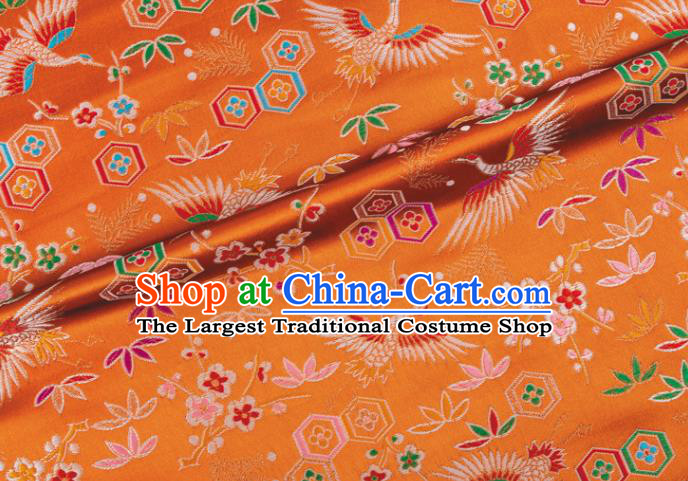 Japanese Traditional Crane Plum Pattern Design Orange Brocade Nishijin Fabric Silk Material Traditional Asian Japan Kimono Tapestry Satin