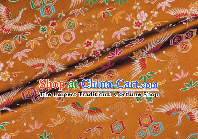 Japanese Traditional Crane Plum Pattern Design Brown Brocade Nishijin Fabric Silk Material Traditional Asian Japan Kimono Tapestry Satin