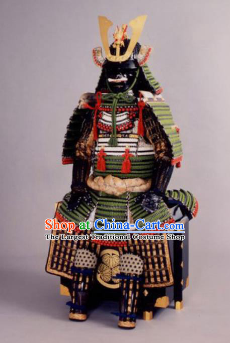 Japanese Traditional General Green Body Armor Outfits Ancient Film Warrior Shogun Armour Costumes and Helmet for Men