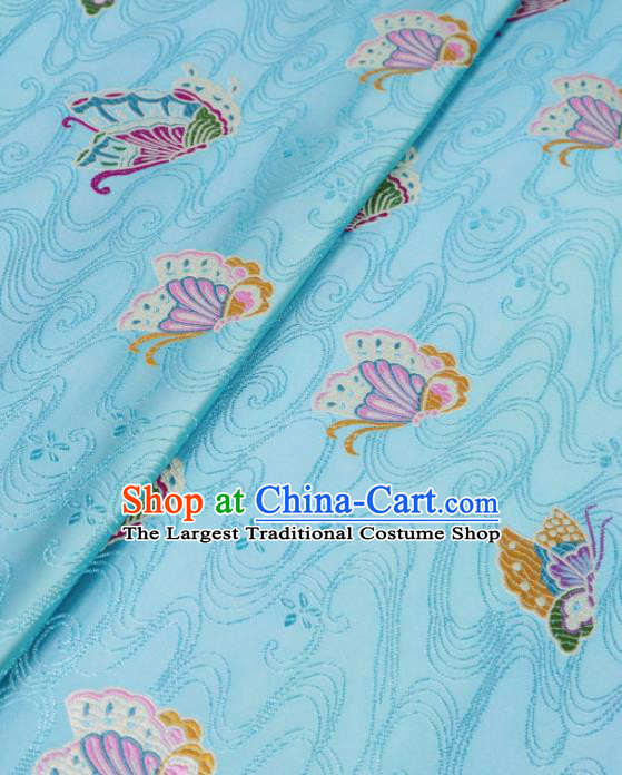 Asian Chinese Traditional Butterfly Pattern Design Light Blue Brocade Silk Fabric Tang Suit Tapestry Wedding Dress Material