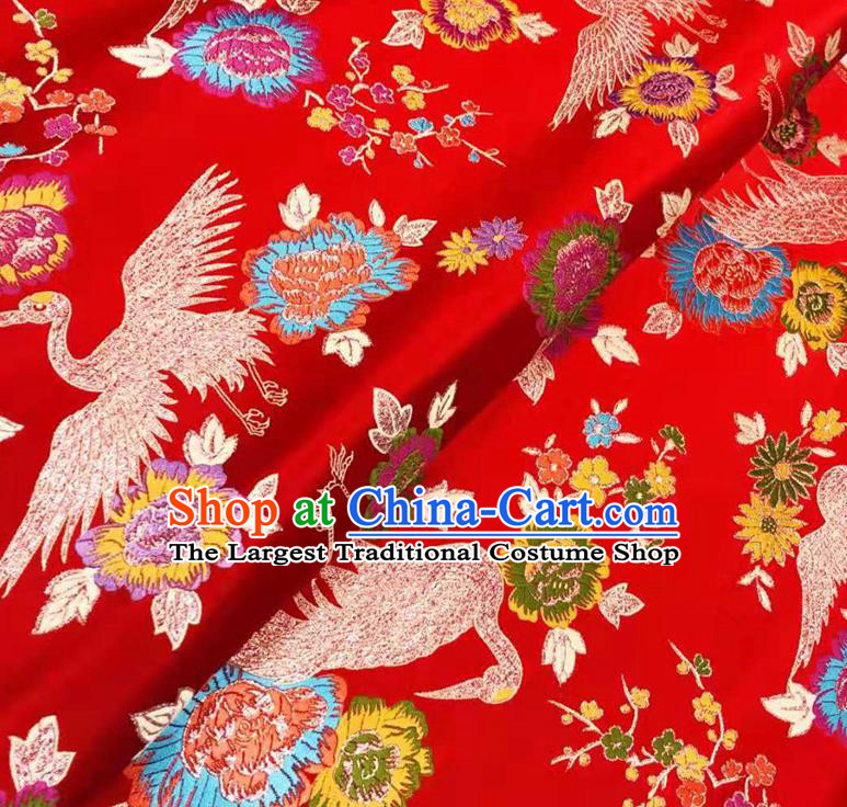 Asian Chinese Traditional Cranes Pattern Design Purplish Red Brocade Silk Fabric Tang Suit Tapestry Wedding Dress Satin Material