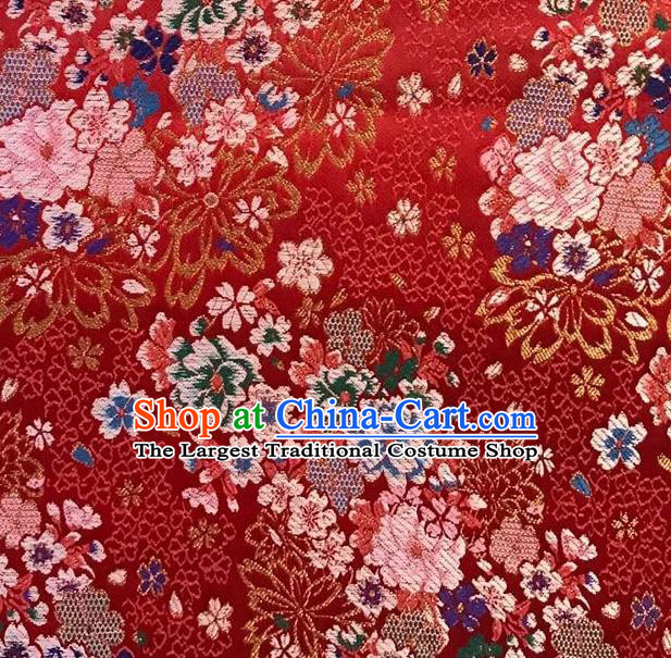 Japanese Traditional Sakura Peony Pattern Design Red Nishijin Brocade Fabric Silk Material Traditional Asian Japan Kimono Satin Tapestry