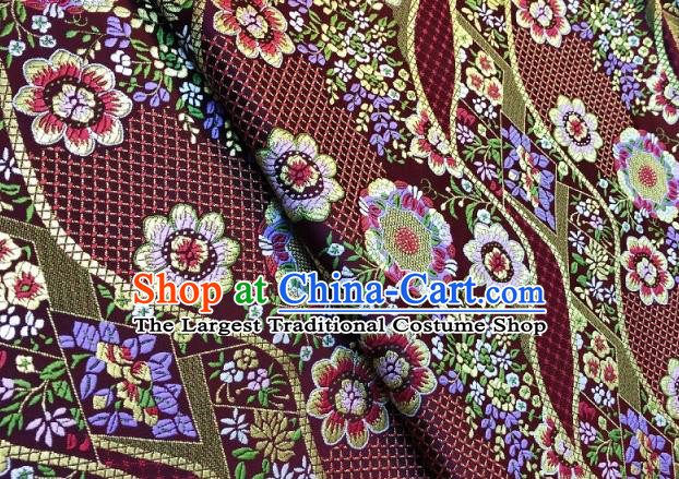 Japanese Traditional Flow Flowers Pattern Design Purplish Red Nishijin Brocade Fabric Silk Material Traditional Asian Japan Kimono Dress Satin Tapestry