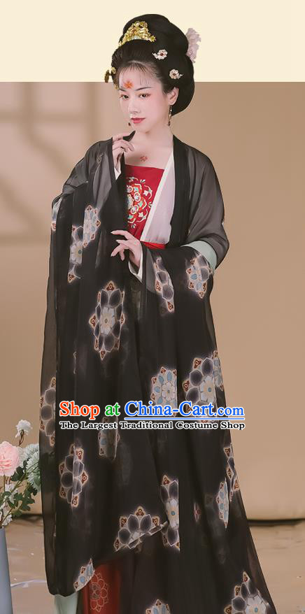 Chinese Ancient Tang Dynasty Court Woman Hanfu Garment Imperial Concubine Black Chiffon Cloak Blouse Camisole and Skirt Costumes Full Set