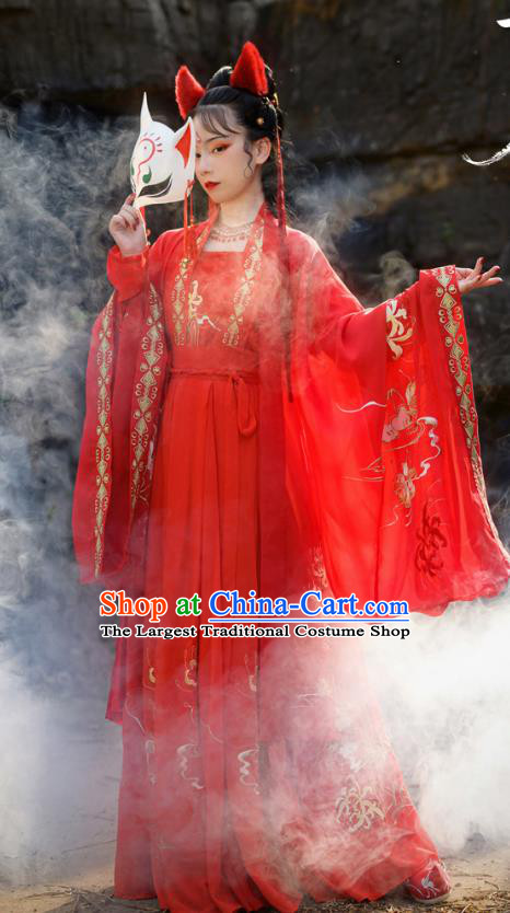 Chinese Ancient Fox Fairy Red Hanfu Garment Costumes Tang Dynasty Court Princess Embroidered Blouse Sun Top and Skirt Full Set