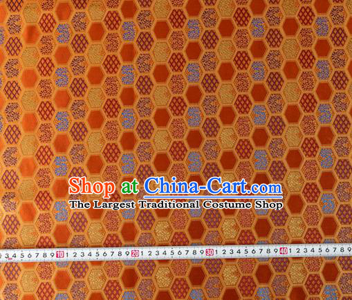 Japanese Traditional Hexagon Daisy Pattern Design Orange Brocade Nishijin Fabric Silk Material Traditional Asian Japan Kimono Tapestry Satin