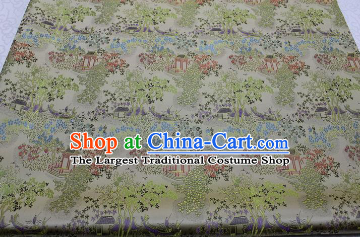 Chinese Classical Scenery Pattern Design Beige Brocade Silk Fabric DIY Satin Damask Asian Traditional Tang Suit Tapestry Material