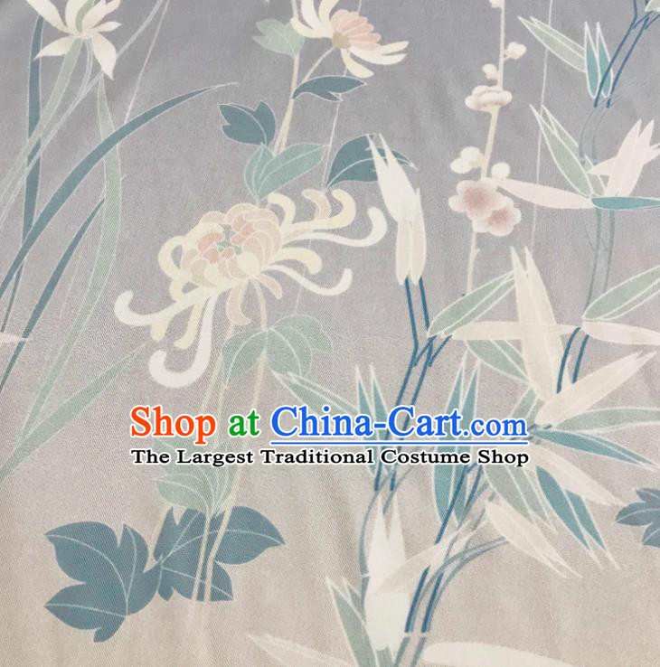 Chinese Hanfu Dress Traditional Plum Orchid Bamboo Chrysanthemum Pattern Design Grey Satin Fabric Silk Material Traditional Asian Tapestry