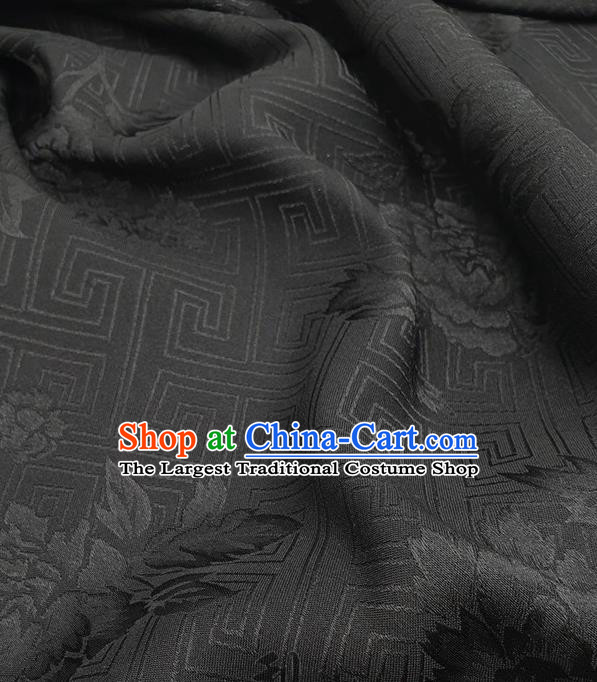 Chinese Traditional Peony Pattern Design Black Satin Fabric Traditional Asian Hanfu Dress Cloth Tapestry Silk Material