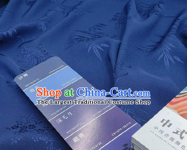 Chinese Traditional Plum Orchid Bamboo Chrysanthemum Pattern Design Navy Satin Fabric Traditional Asian Hanfu Dress Cloth Tapestry Jacquard Silk Material