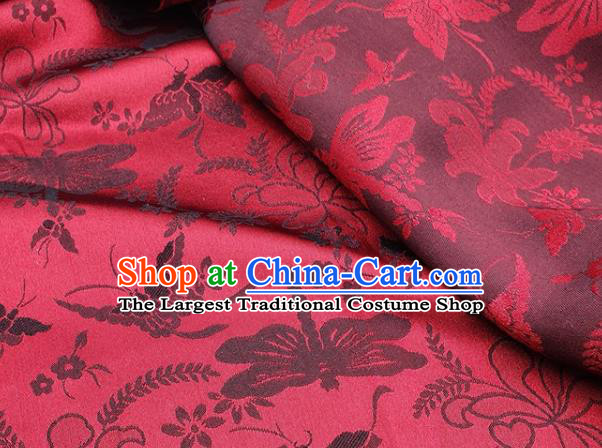 Chinese Hanfu Dress Traditional Black Butterfly Dragonfly Pattern Design Red Satin Fabric Silk Material Traditional Asian Cloth Tapestry